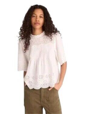 Madewell Women's Embroidered Pintuck High Neck Top White Size S NWT
